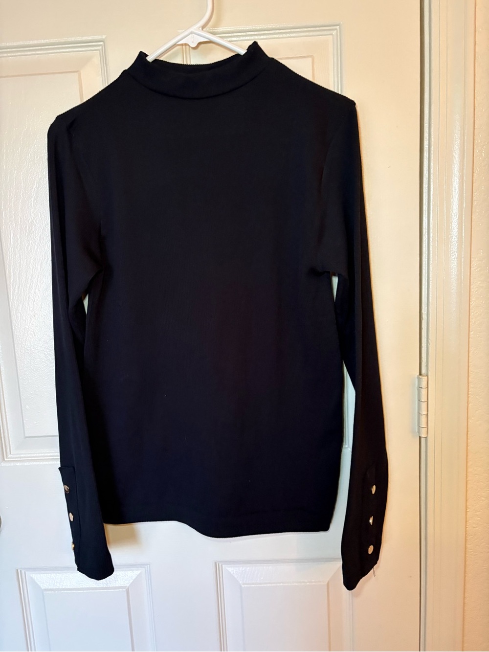 Black Long-Sleeve Mock Neck Top with Button Cuff Detail